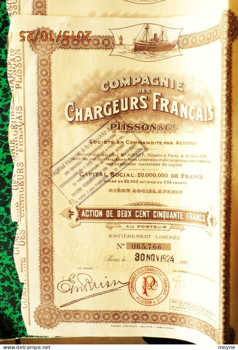 1 Action  - COMPAGNIE DES CHARGEURS FRANCAIS - 1924  - Belles Illustrations Bateaux  Voiliers - Verkehr & Transport