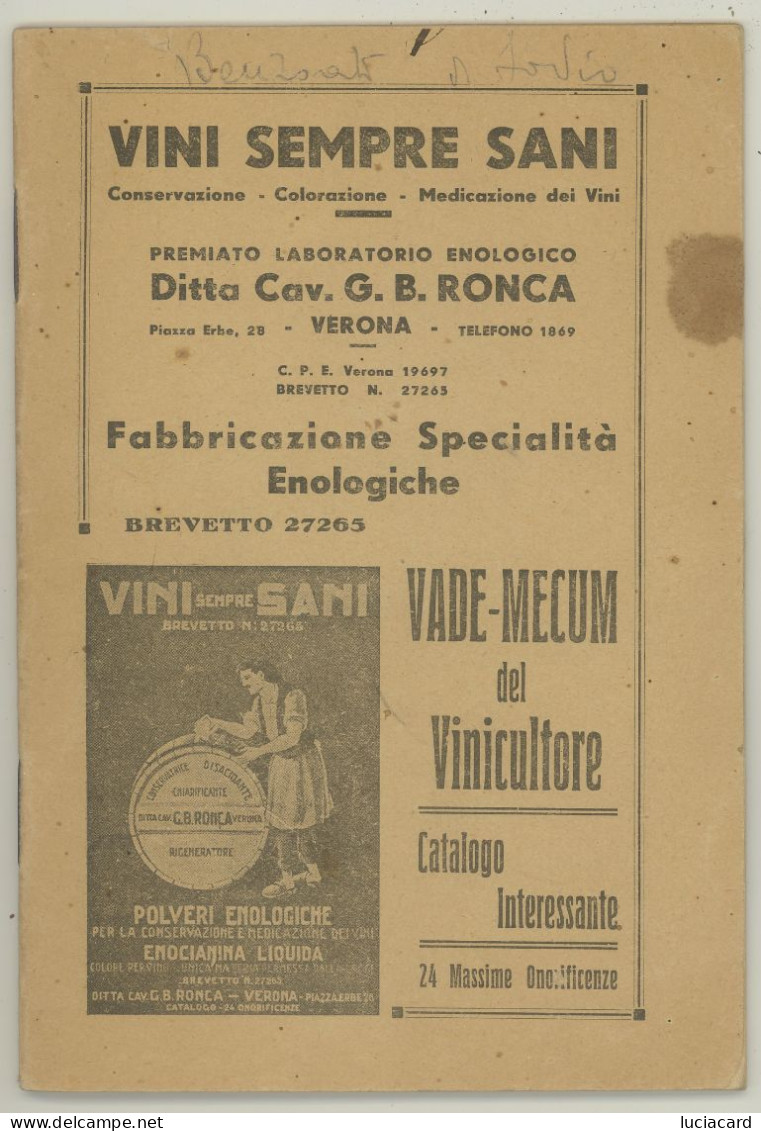 VADE MECUM DEL VINICULTORE -VINI SEMPRE SANI -LIBRETTO DEL 1933 - Manuali Per Collezionisti