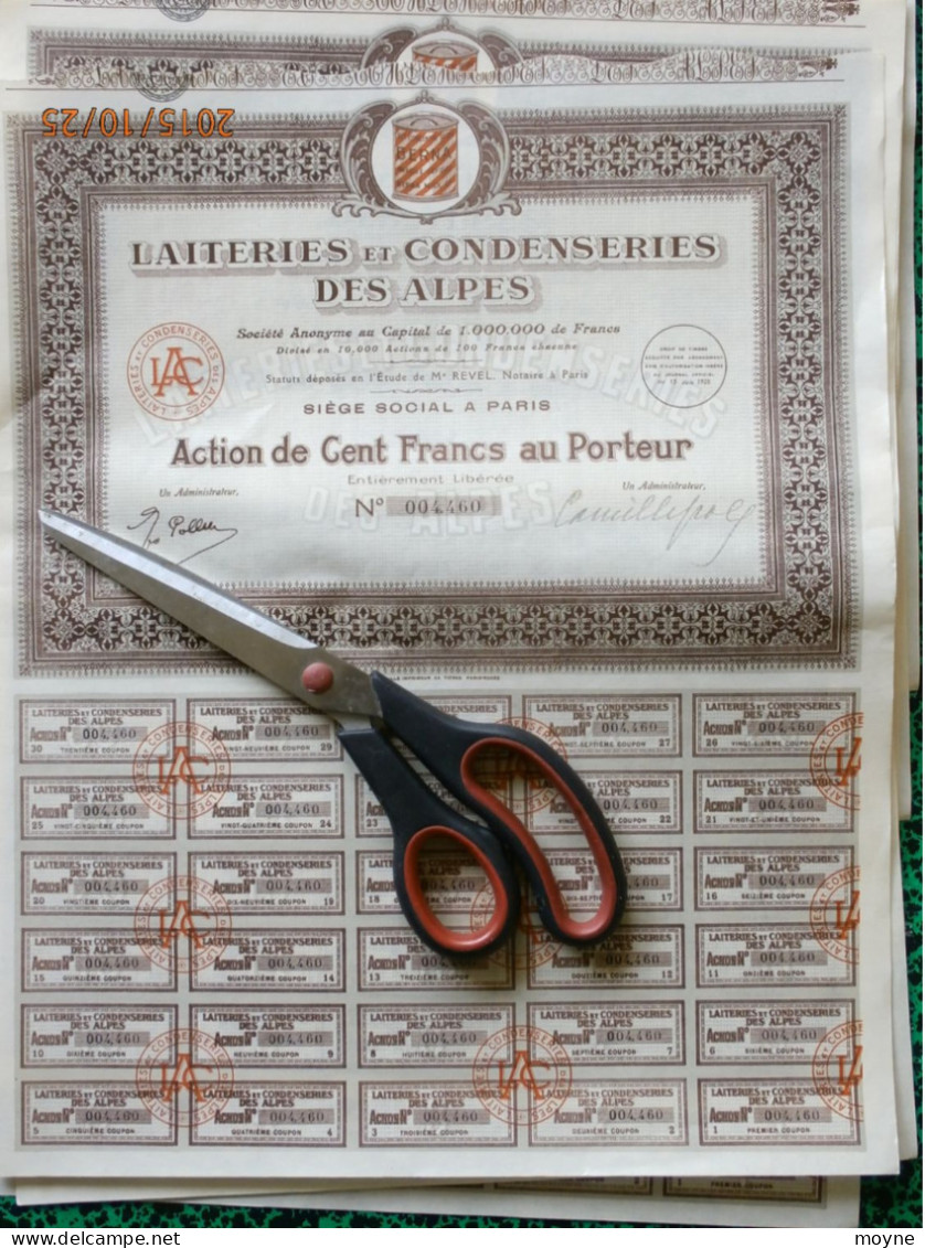 1 Action  - LAITERIES Et CONDENSERIES  DES ALPES  -  De CENT FRANCS AU PORTEUR  1928 - Autres & Non Classés