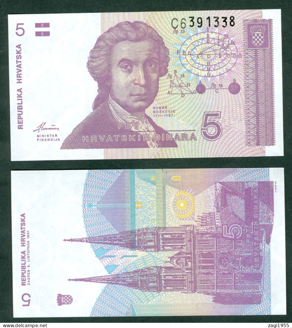 Croatia 1991 5 HRD Banknote Croatian Dinar Boskovic Mathematic Physics Astronomy Geodesy Nobel Price UNC - Croatie