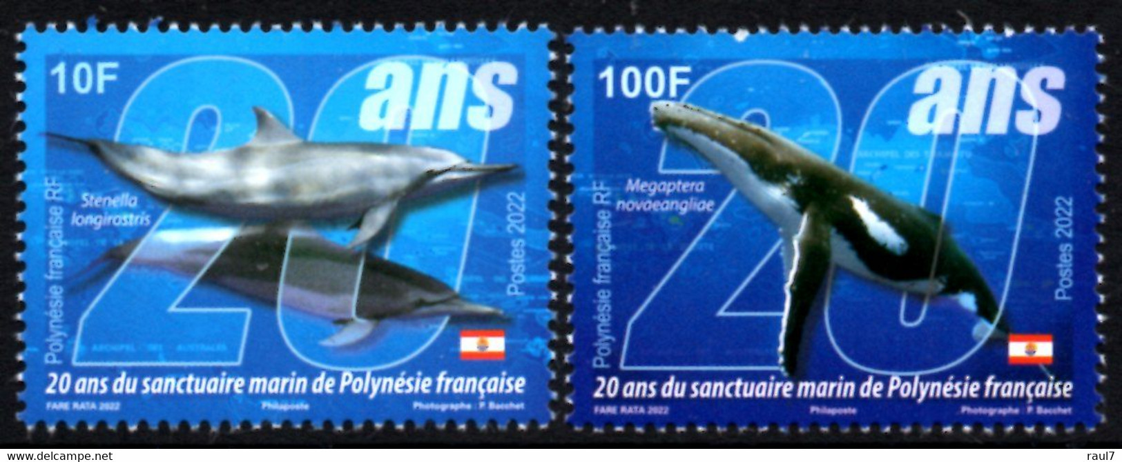 Polynésie Française 2022 - 20 Ans Du Sanctuaire Marin, Baleine Et Dauphin - 2 Val Neufs // Mnh - Neufs