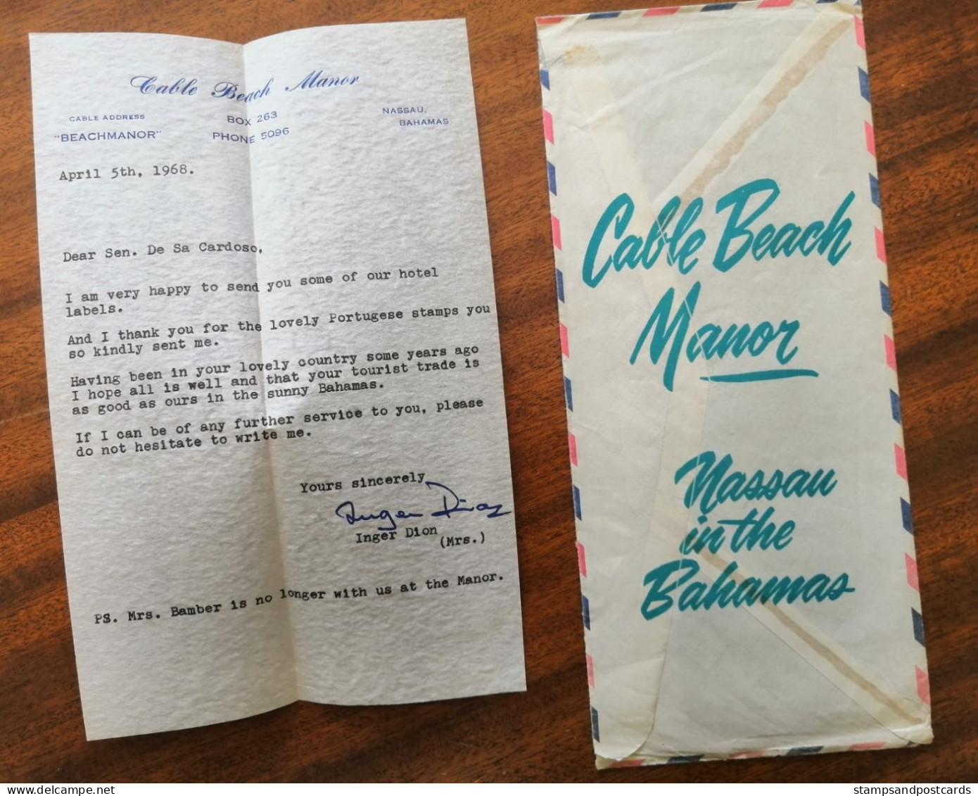 Bahamas Postally Used Cover To Portugal 1968 Cable Beach Manor W/ Letter To Hotel Label Collector Lettre Voyagé - 1963-1973 Ministerial Government