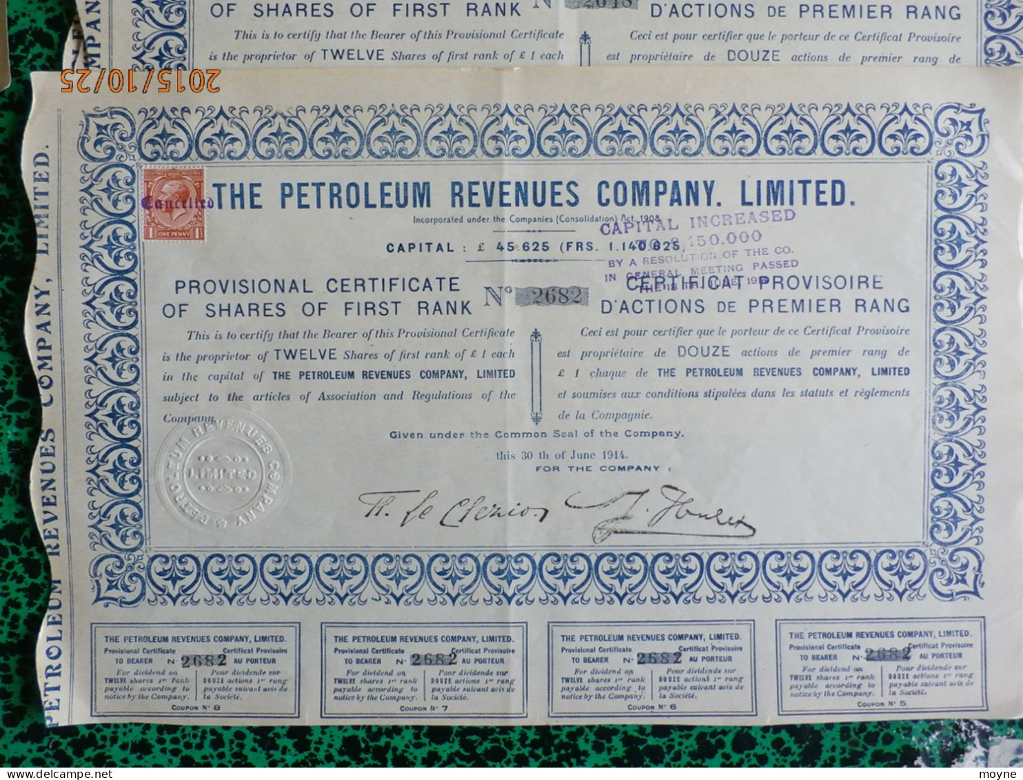 1 Action --  THE PETROLEUM REVENUES COMPANY LIMITED -  1914 - AUGMENTATION DE CAPITAL  -  TIMBREE 1 PENNY - Oil