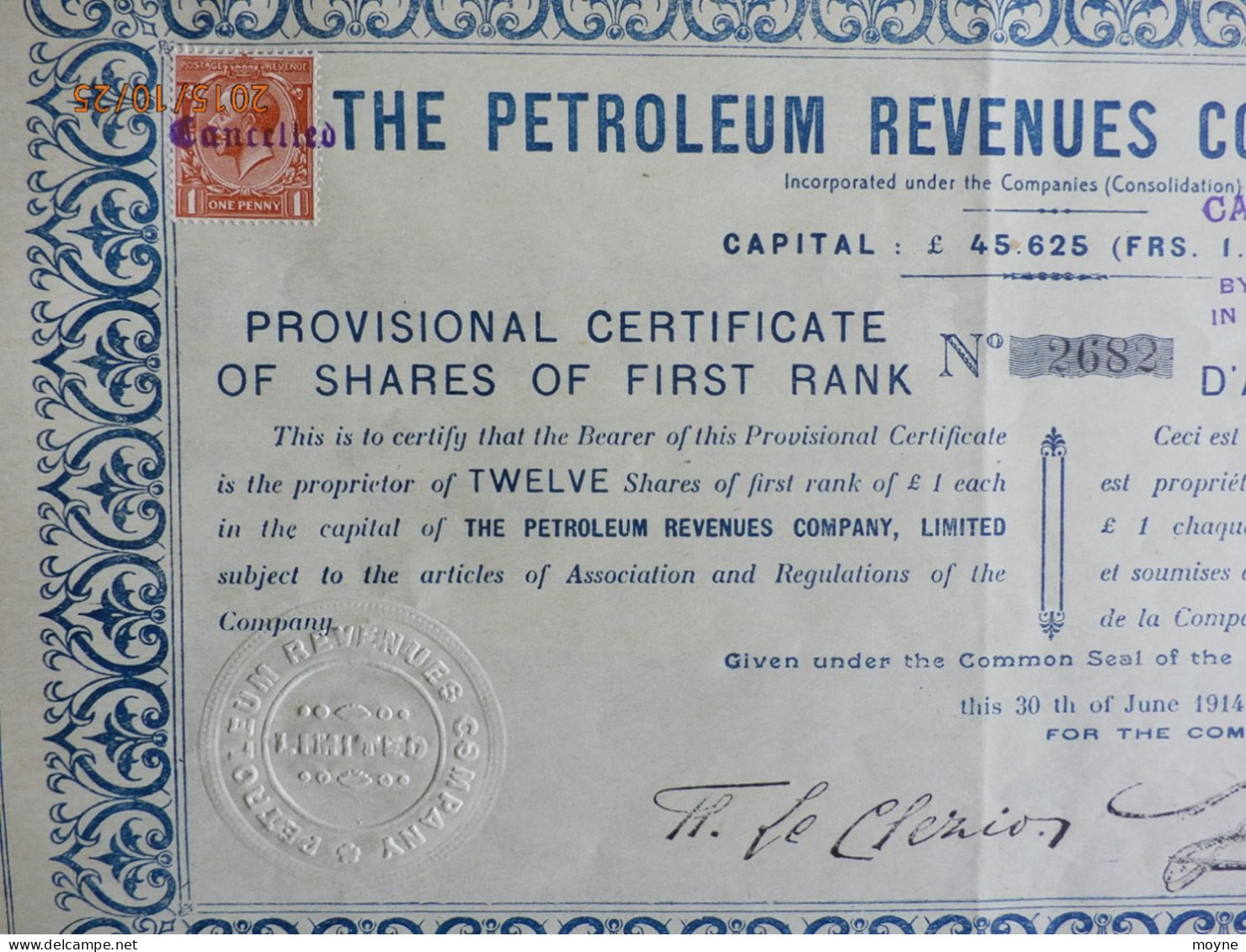 1 Action --  THE PETROLEUM REVENUES COMPANY LIMITED -  1914 - AUGMENTATION DE CAPITAL  -  TIMBREE 1 PENNY - Oil