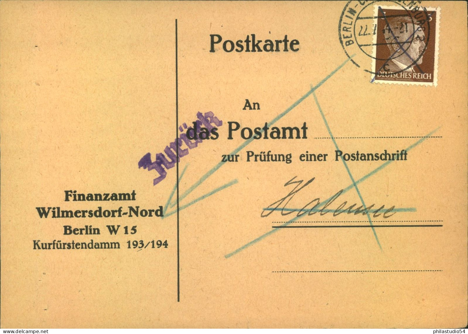 1944, 3 Pf. Hitler Als EF Auf Anschriftenprüfung Ab BERLIN CHARLOTTENBURG 2 - Covers & Documents