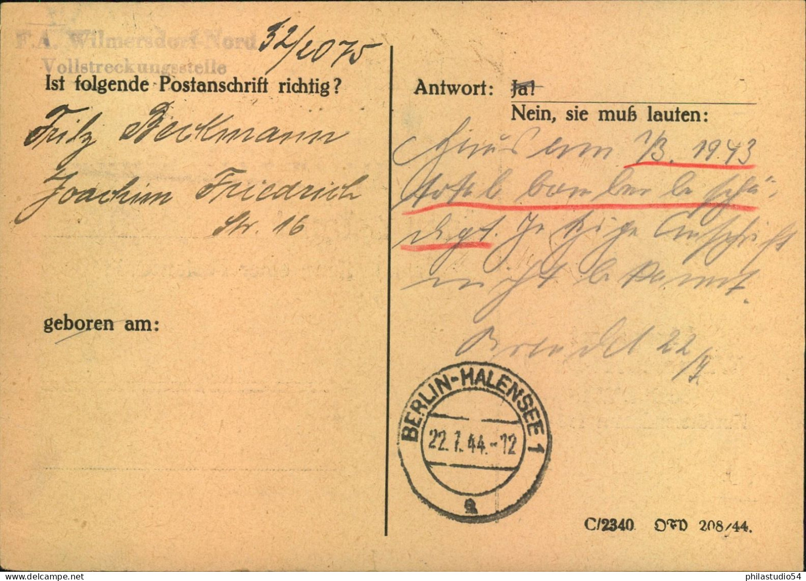 1944, 3 Pf. Hitler Als EF Auf Anschriftenprüfung Ab BERLIN CHARLOTTENBURG 2 - Storia Postale