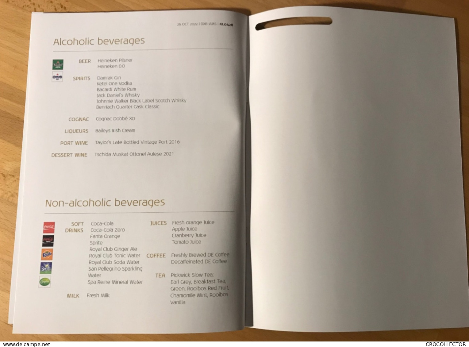 KLM Business Class Menu DXB-AMS 26 OCT 2022 - Menú