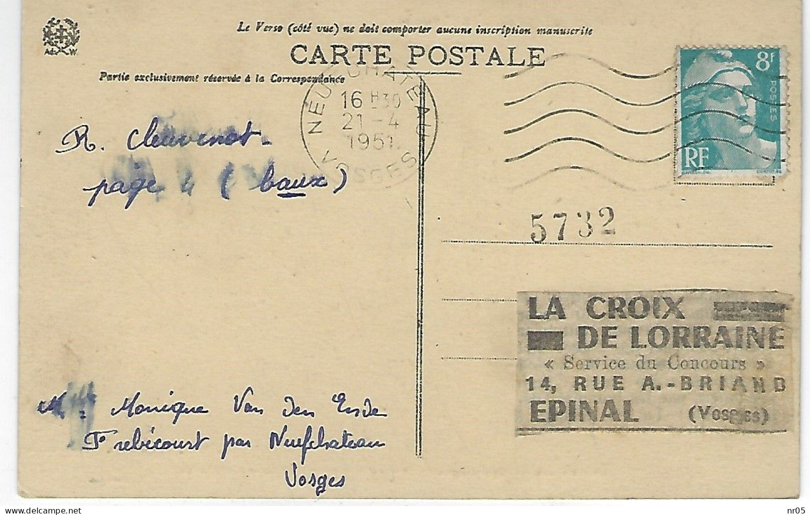 Nom Destinataire Collé Sur CP ( La Croix De Lorraine A EPINAL ) Avec Chiffre Imprimé + CaD " NEUFCHATEAU - Vosges " 1951 - Sonstige & Ohne Zuordnung