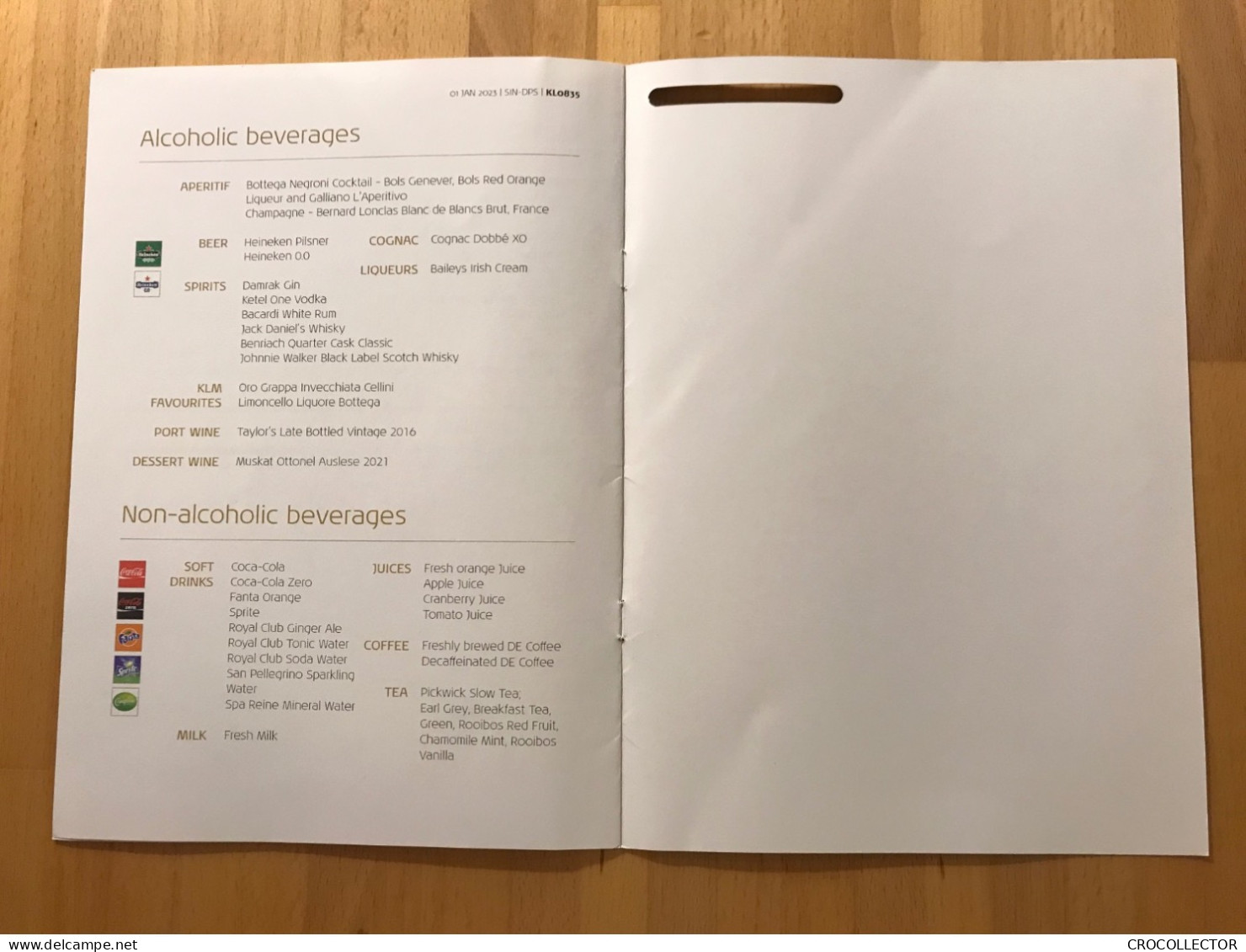 KLM Business Class Menu SIN-DPS 01 JAN 2023 - Menu