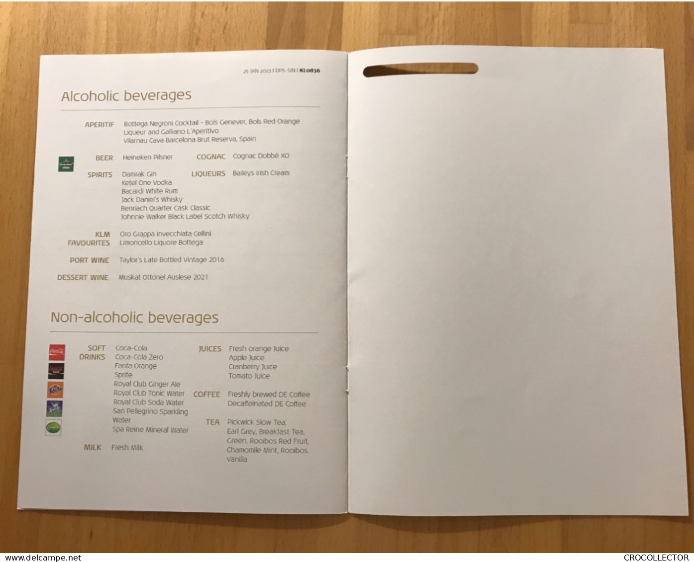 KLM Business Class Menu DPS-SIN 25 JAN 2023 - Menu