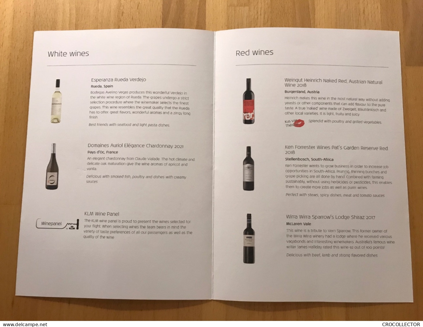 KLM Business Class Wines Menu - Menükarten