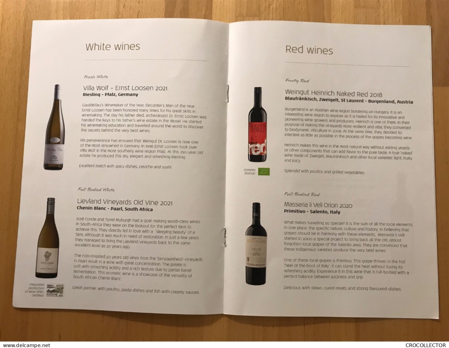 KLM Business Class Wines Menu - Menükarten