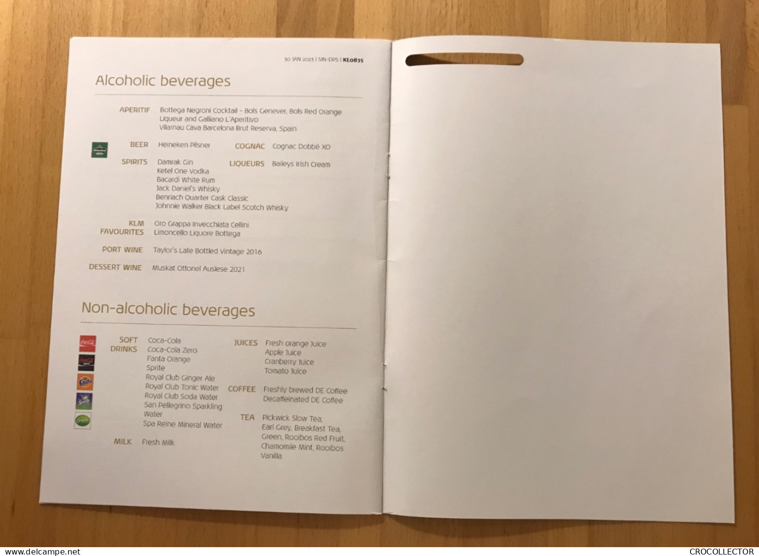 KLM Business Class Menu SIN-DPS 30 JAN 2023 - Menus