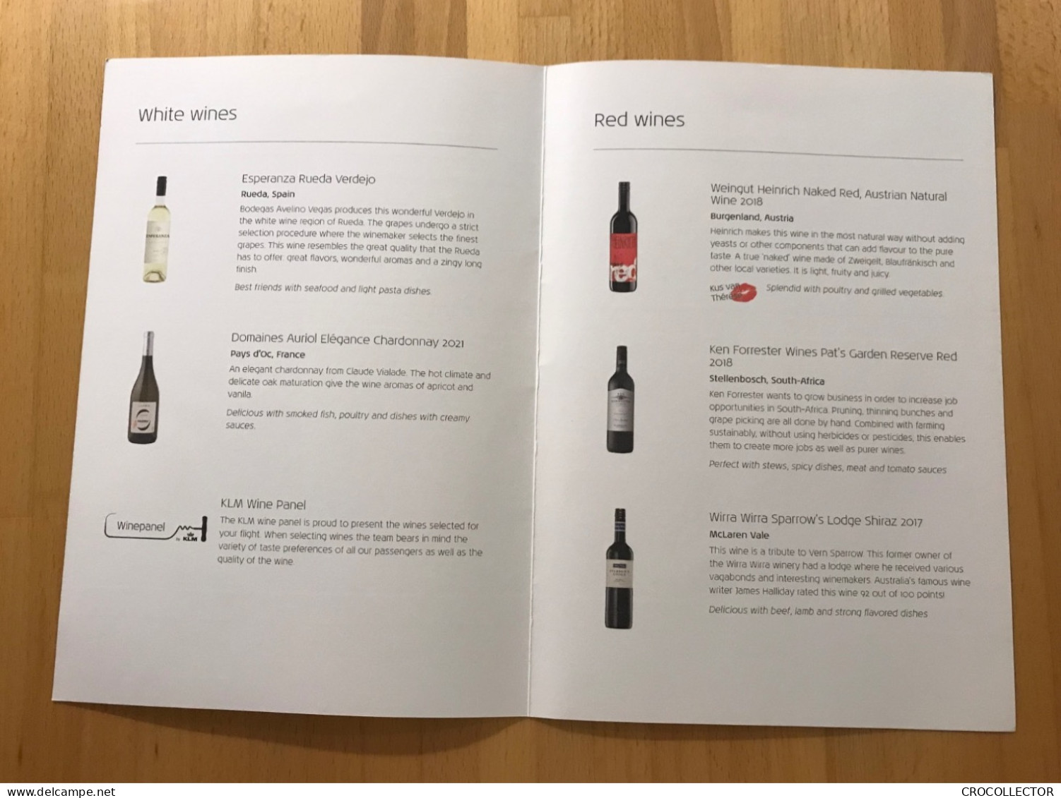 KLM Business Class Wines Menu - Menu Cards