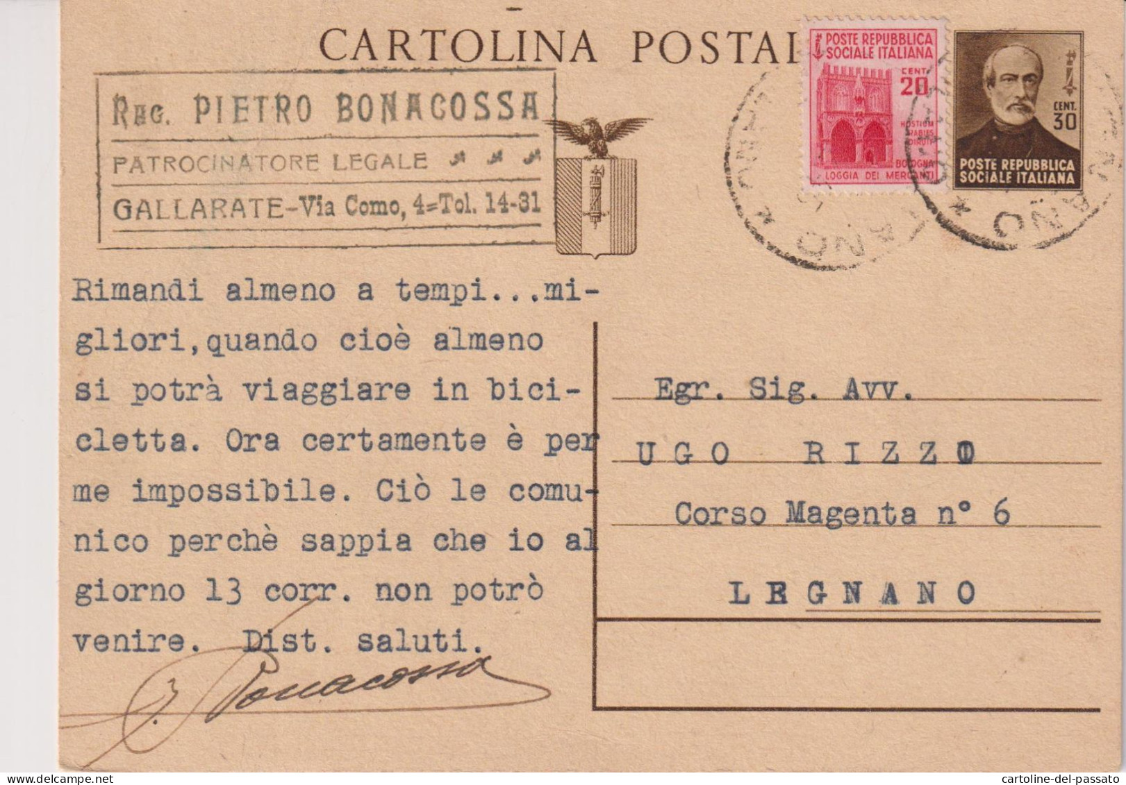 STORIA POSTALE  RSI INTERI POSTALI CENT. 30 + 20  DA GALLARATE PER LEGNANO 6/2/1945 - Postwaardestukken