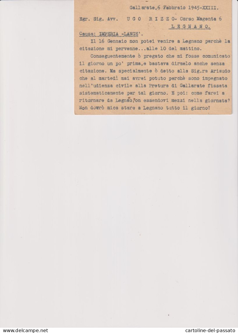 STORIA POSTALE  RSI INTERI POSTALI CENT. 30 + 20  DA GALLARATE PER LEGNANO 6/2/1945 - Stamped Stationery
