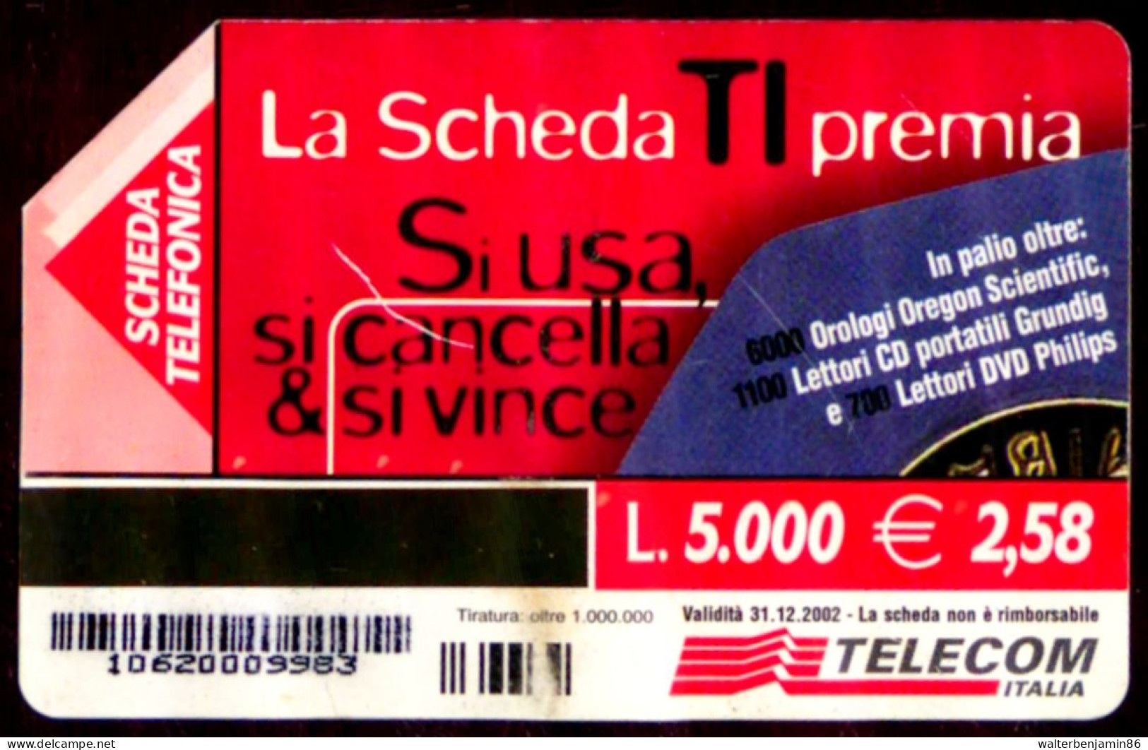 G 1258 A C&C 3348 SCHEDA TELEFONICA TI PREMIA VARIANTE STAMPATELLO MAIUSCOLO 3^A QUALITA' - PIEGA - FOLDED - [3] Erreurs & Variétées