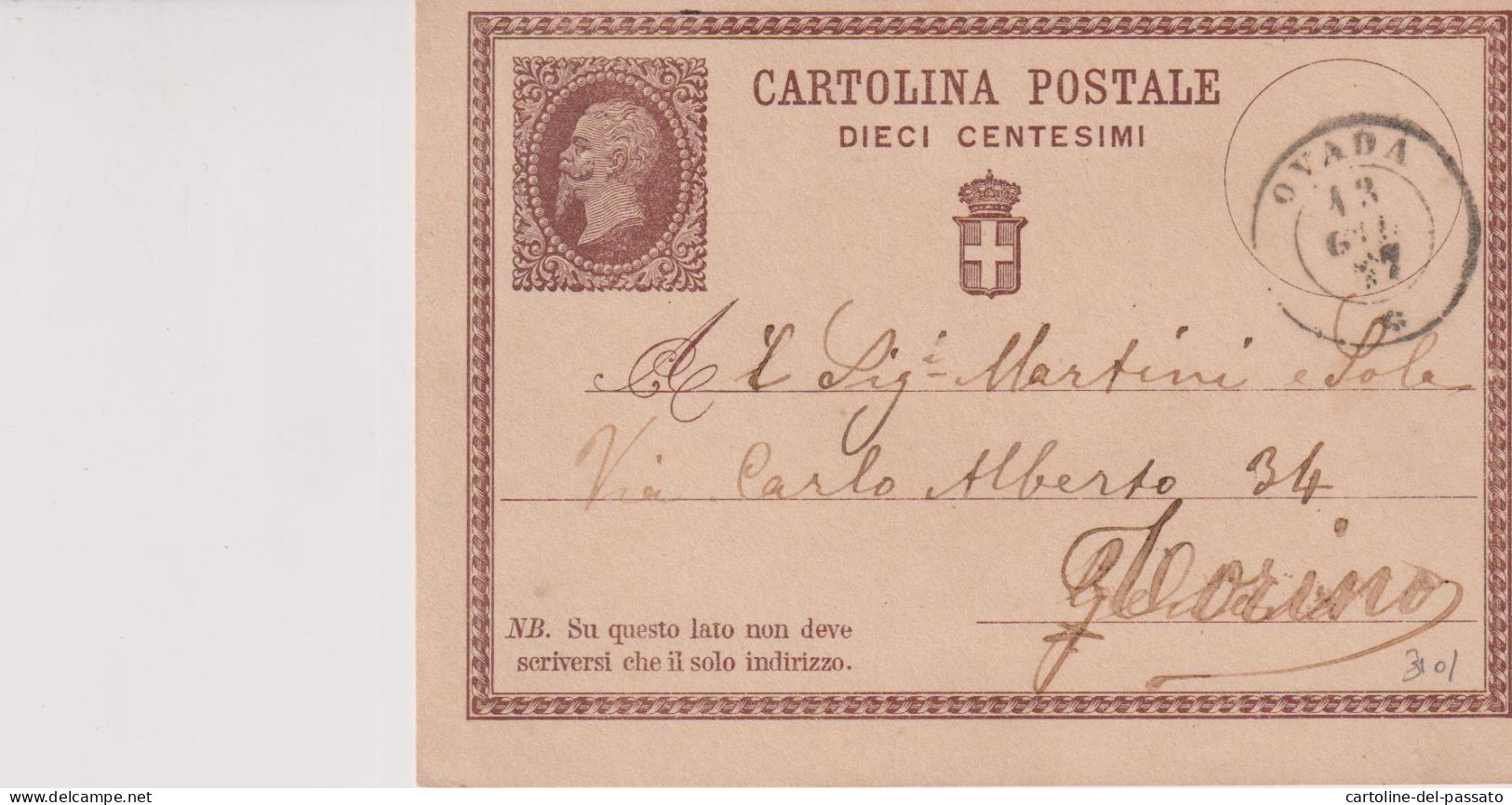 CARTOLINA POSTALE DIECI CENTESIMI  13/6/1877 OVADA  ALESSANDRIA - Ganzsachen