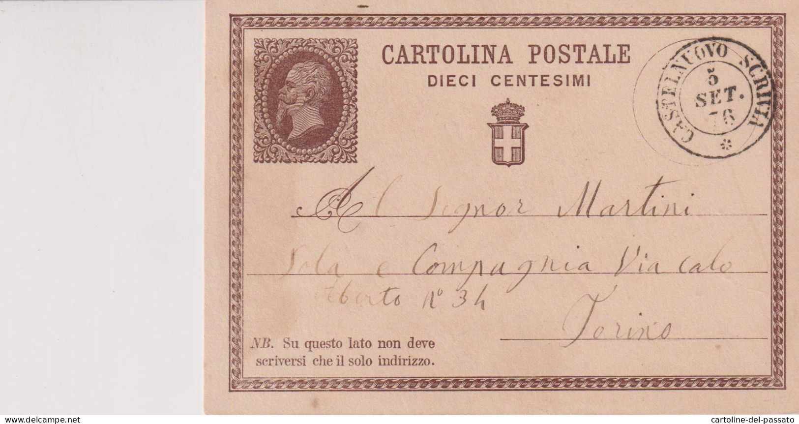 CARTOLINA POSTALE DIECI CENTESIMI 5/9/1876 CASTELNUOVO SCRIVIA   ALESSANDRIA PER TORINO - Postwaardestukken