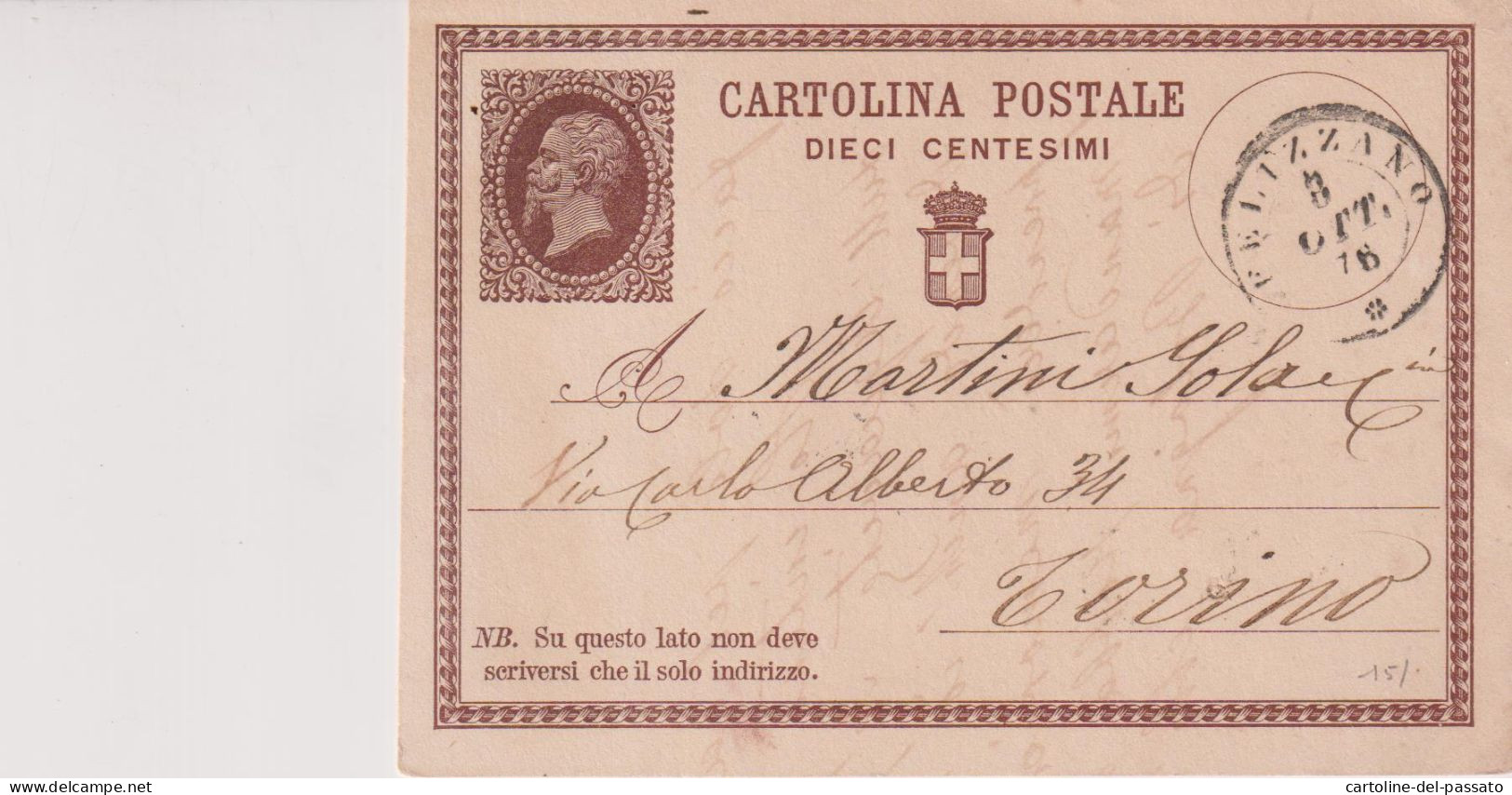 CARTOLINA POSTALE DIECI CENTESIMI 2/10/1876  FELIZZANO  ALESSANDRIA PER TORINO - Entero Postal