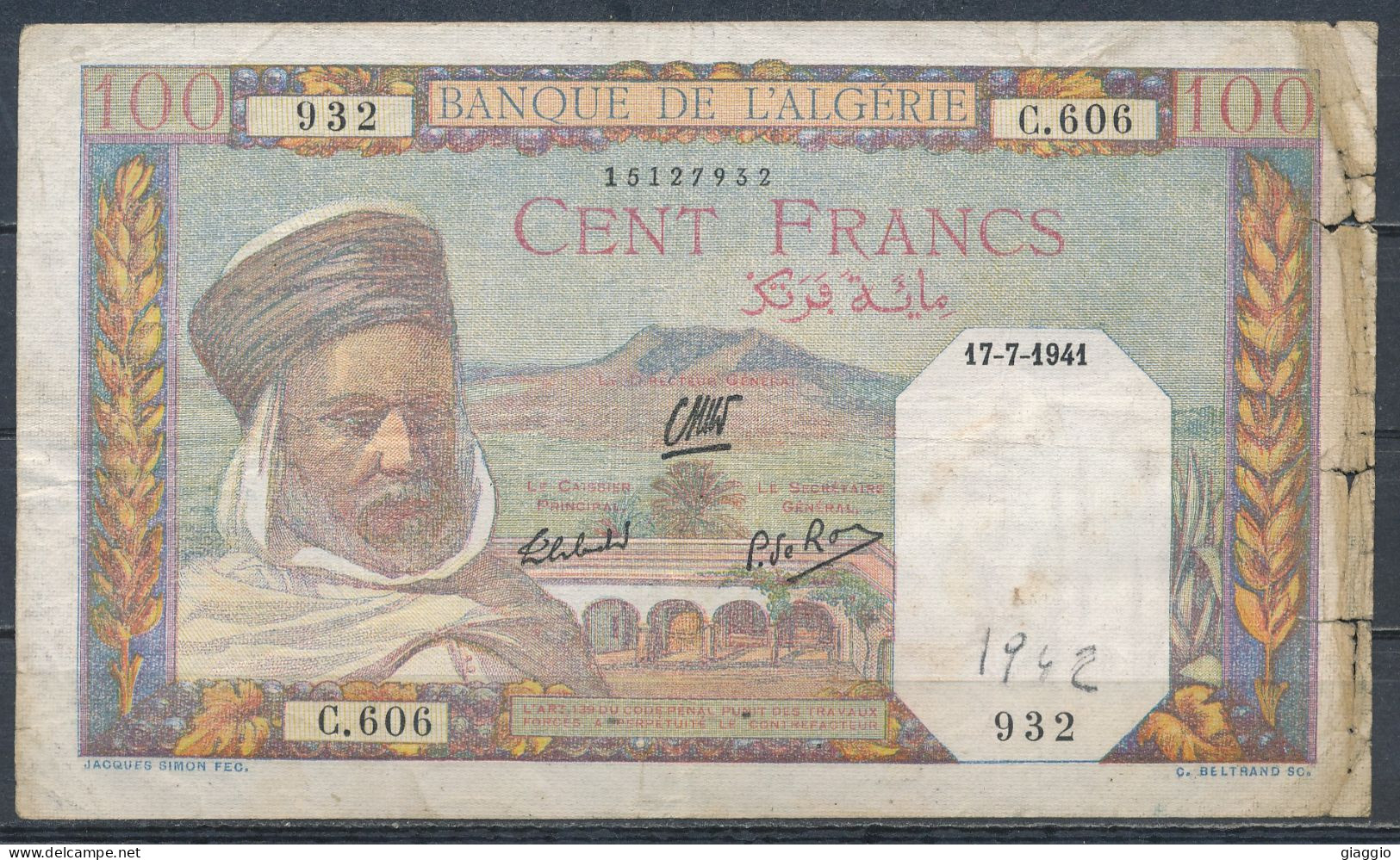 °°° ALGERIA ALGERIE 100 FRANCS 17-7-1941 °°° - Algerien