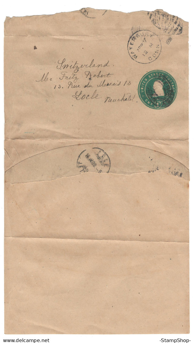 1908 USA, United States, US - Waterbury To Locle, Switzeland - Stationery, Envelope - - 1901-20