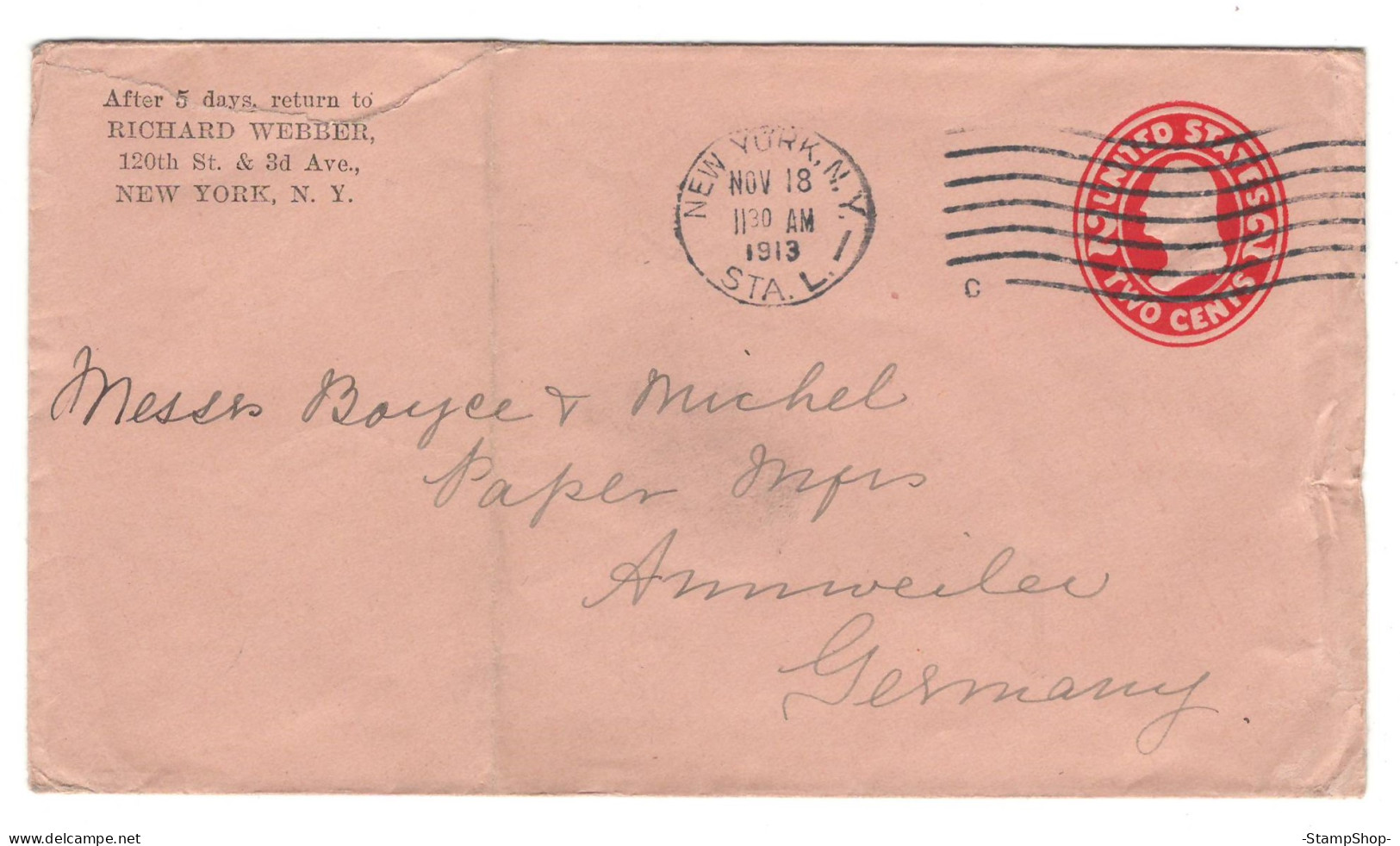 1913 USA, United States, US - New York To Annweiler, Germany - Stationery, Envelope - - 1901-20