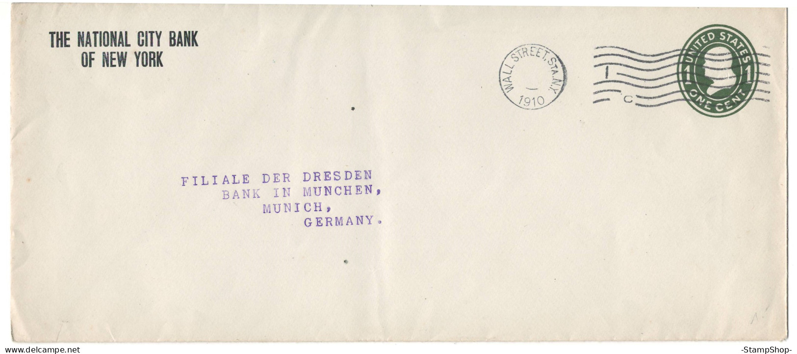 1910 USA, United States, US - Wall Street, New York To Munich, Germany - The National City Bank - Stationery, Envelope - - 1901-20