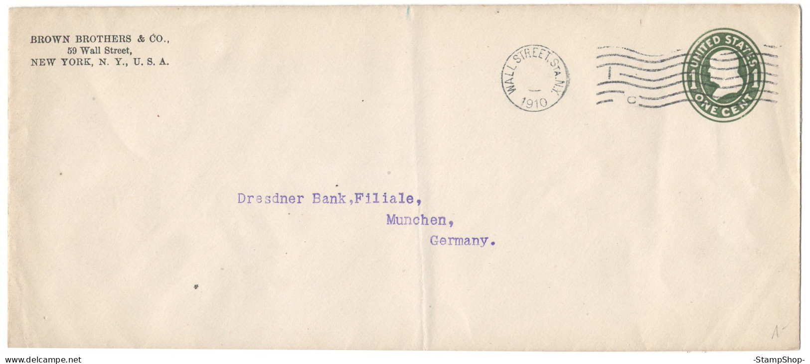1910 USA, United States, US - Wall Street Station New York To Munich, Germany - Brown Brothers - Stationery, Envelope - - 1901-20