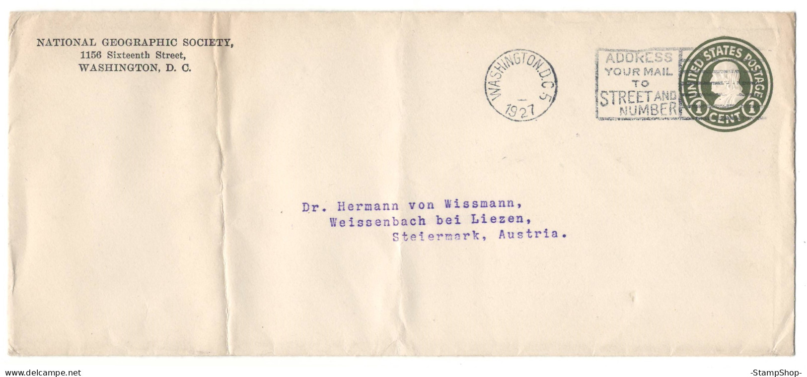 1927 USA, United States, US - Washington To Steiermark, Osterich / Austria - Stationery, Envelope - - 1921-40