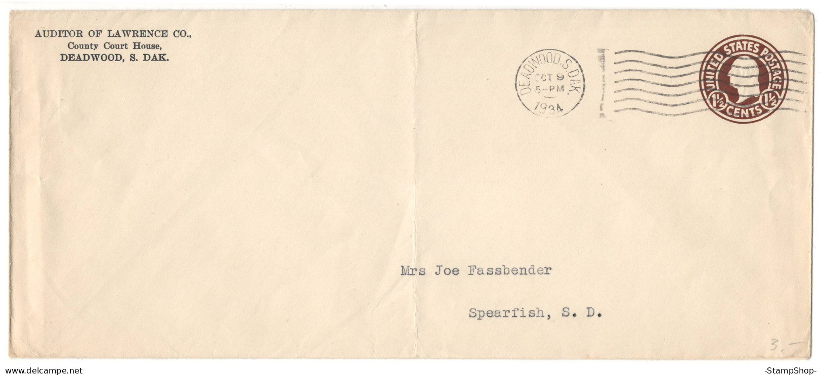 1934 USA, United States, US - Deadwood To Spearfish - Stationery, Envelope - - 1921-40