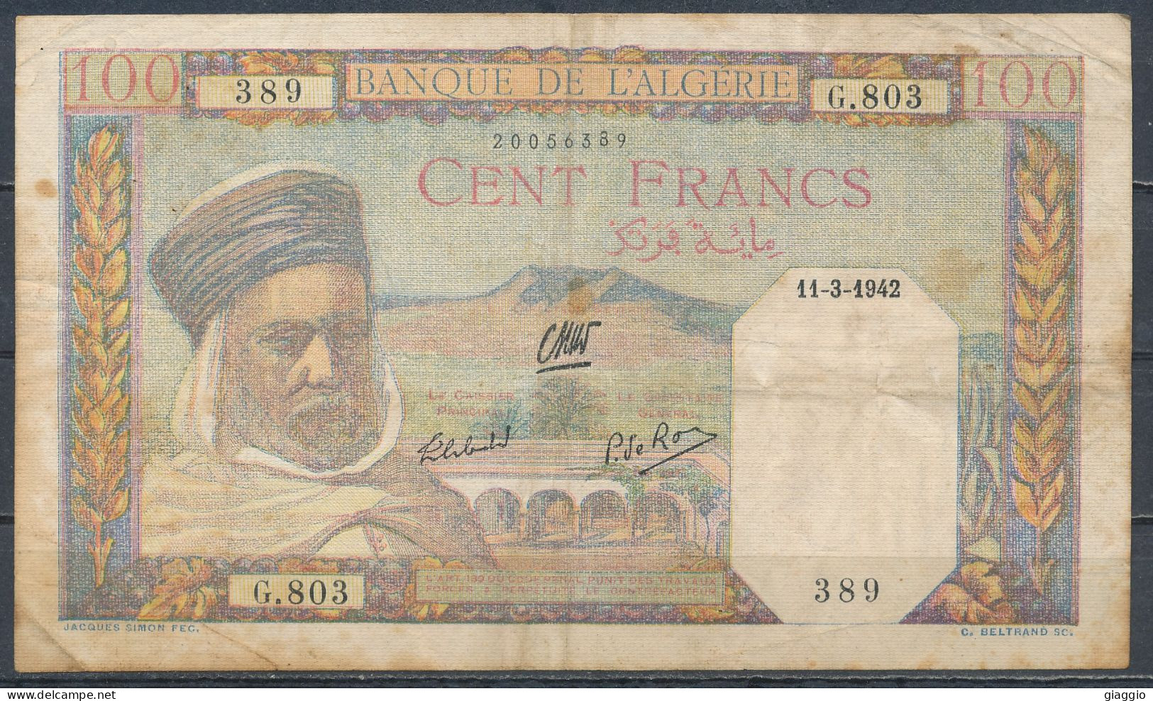 °°° ALGERIA ALGERIE 100 FRANCS 11-3-1942 °°° - Algeria