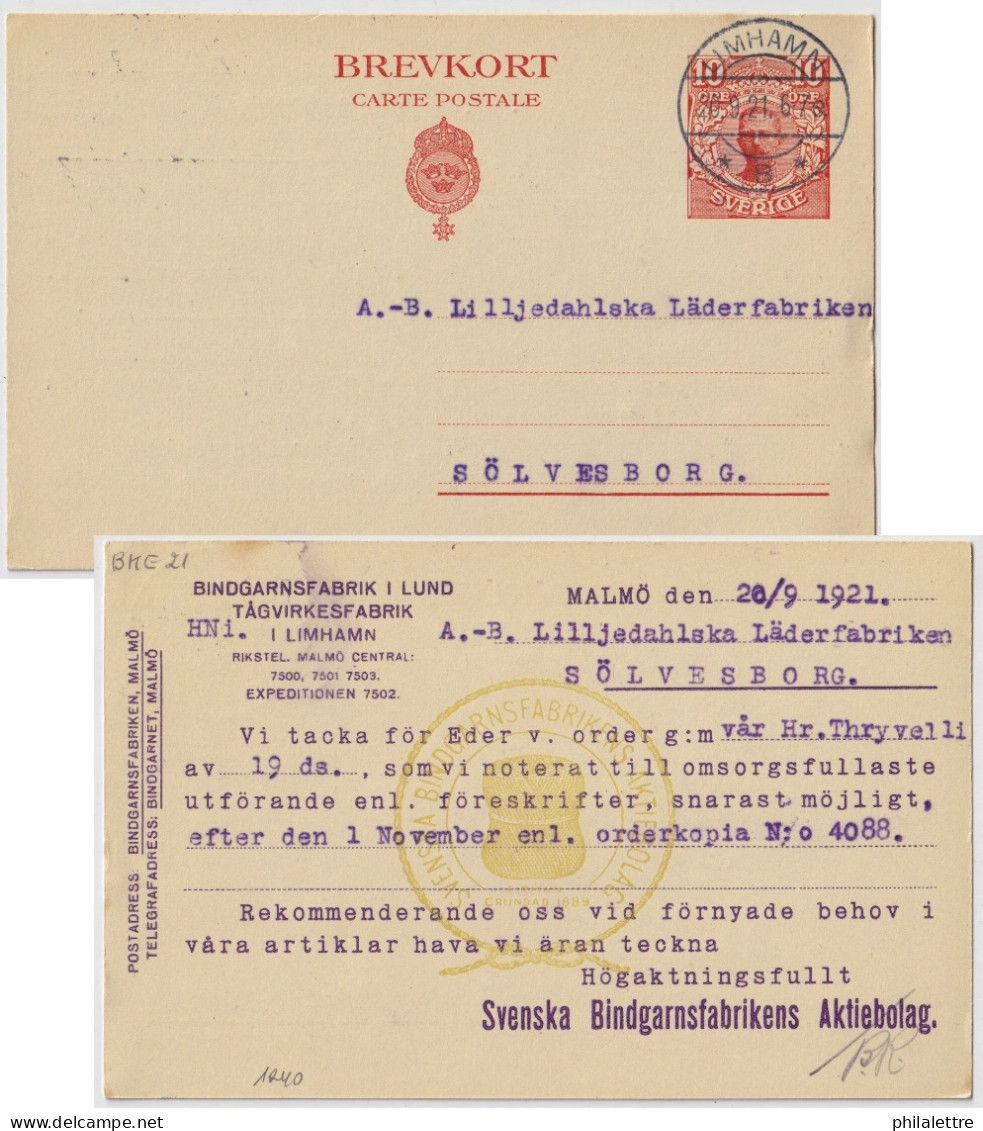 SUÈDE / SWEDEN - 1921 - 10 öre Postal Card Mi.P37a.II (re-printed) With " LIMHAMN * B * " Cancel To SÖLVESBORG - VF Used - Ganzsachen