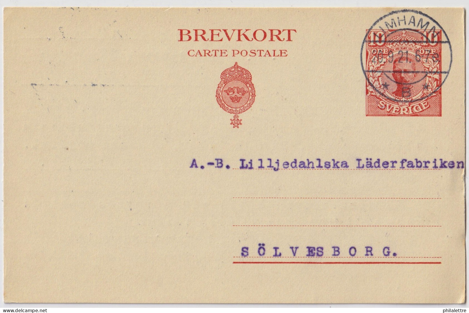 SUÈDE / SWEDEN - 1921 - 10 öre Postal Card Mi.P37a.II (re-printed) With " LIMHAMN * B * " Cancel To SÖLVESBORG - VF Used - Postal Stationery