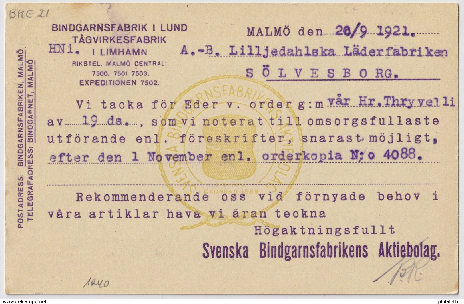 SUÈDE / SWEDEN - 1921 - 10 öre Postal Card Mi.P37a.II (re-printed) With " LIMHAMN * B * " Cancel To SÖLVESBORG - VF Used - Entiers Postaux