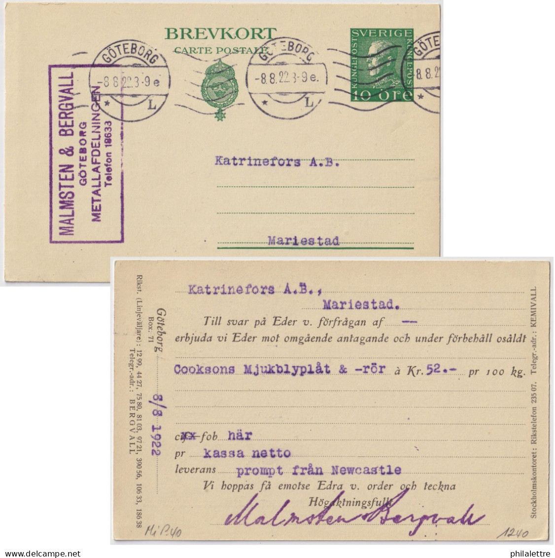 SUÈDE / SWEDEN - 1922 - 10 öre Postal Card Mi.P40 (re-printed) Cancelled GÔTEBORG To MARIESTAD - VF Used - Ganzsachen