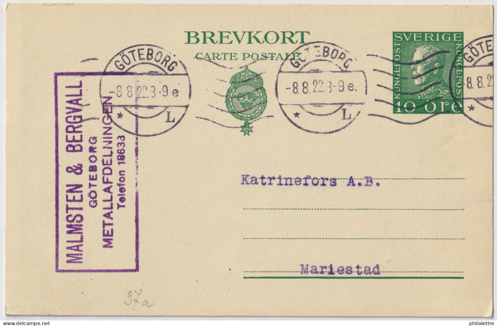 SUÈDE / SWEDEN - 1922 - 10 öre Postal Card Mi.P40 (re-printed) Cancelled GÔTEBORG To MARIESTAD - VF Used - Entiers Postaux