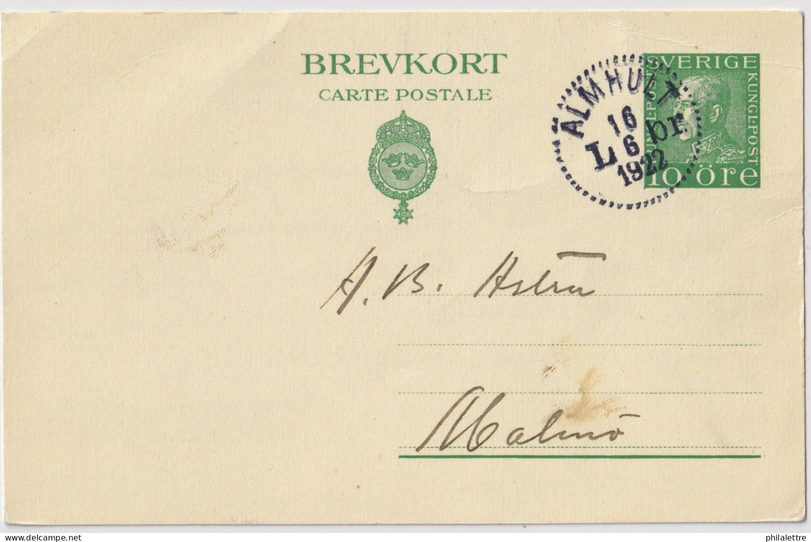 SUÈDE / SWEDEN - 1922 - 10 öre Postal Card Mi.P40 Cancelled "ÄLMHULT / L Br."  To MALMÖ - VF Used - Entiers Postaux