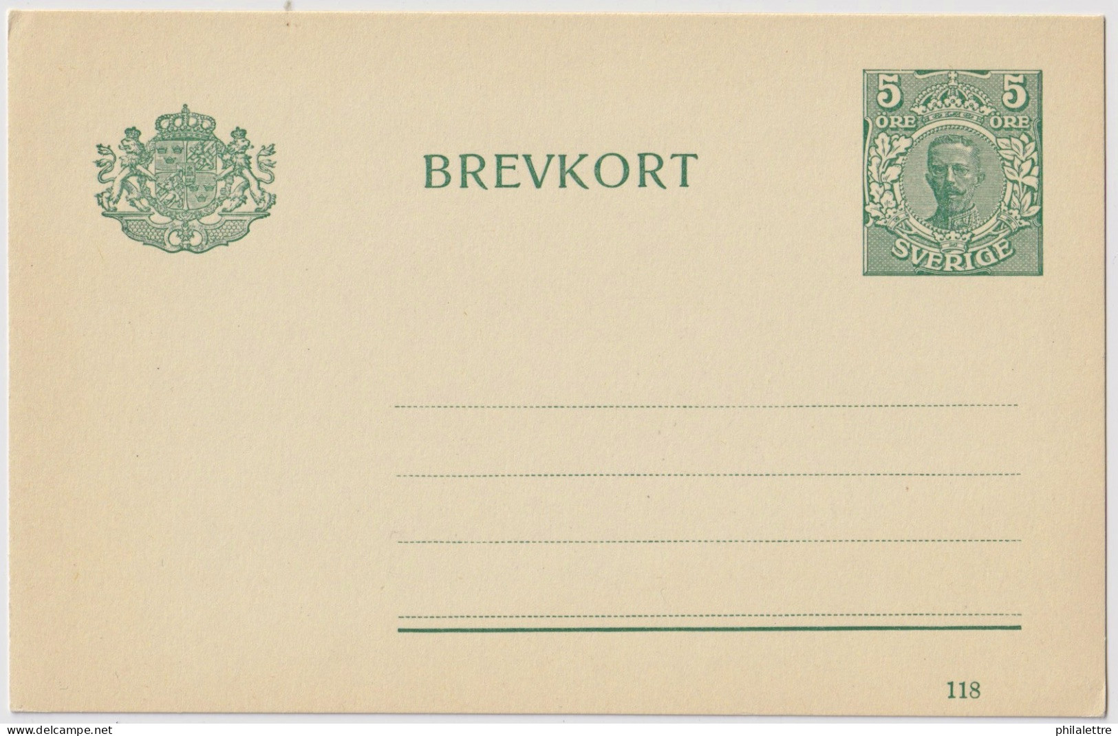 SUÈDE / SWEDEN - 1914 - 5 öre Green Postal Card Mi.P32a (date 118) - Mint - Interi Postali