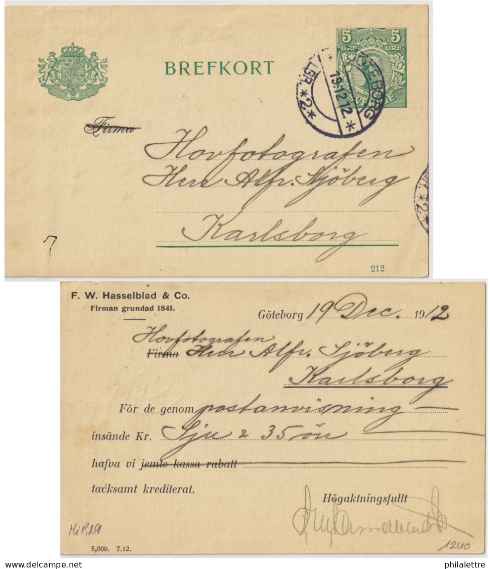 SUÈDE / SWEDEN - 1912 - 5 öre Green Postal Card Mi.P29a (date 212) Used GOTEBORG (LBR * 2 *) To KARLSBORG - VF Used - Ganzsachen