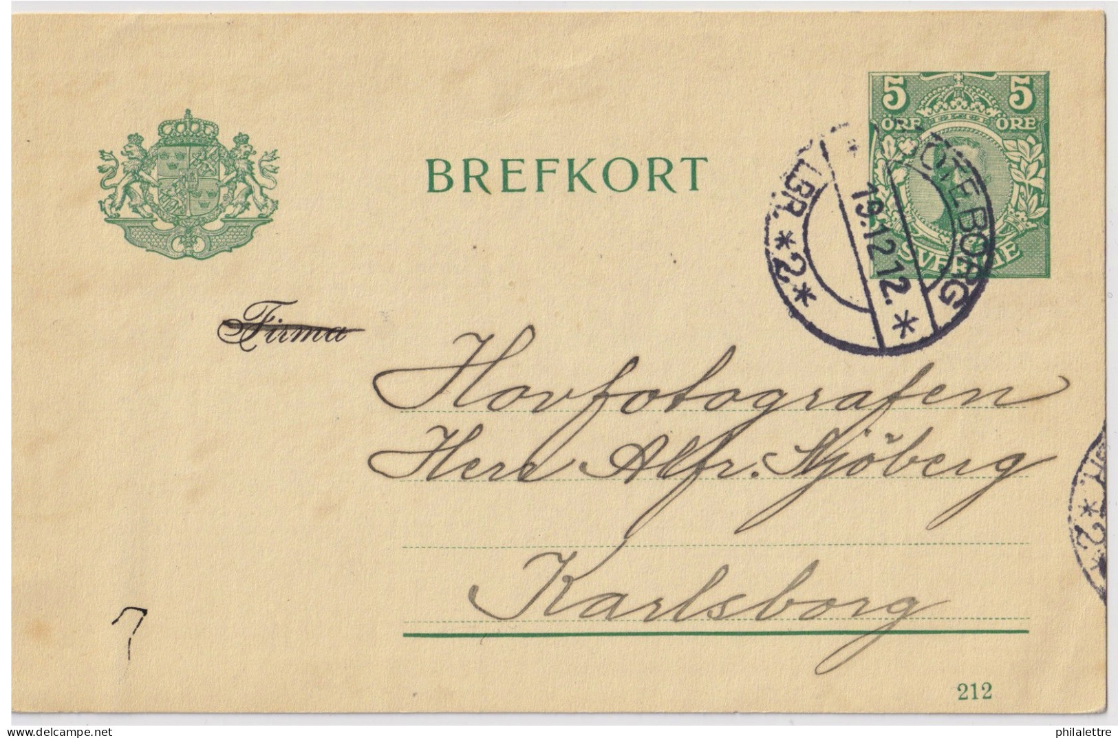 SUÈDE / SWEDEN - 1912 - 5 öre Green Postal Card Mi.P29a (date 212) Used GOTEBORG (LBR * 2 *) To KARLSBORG - VF Used - Postal Stationery