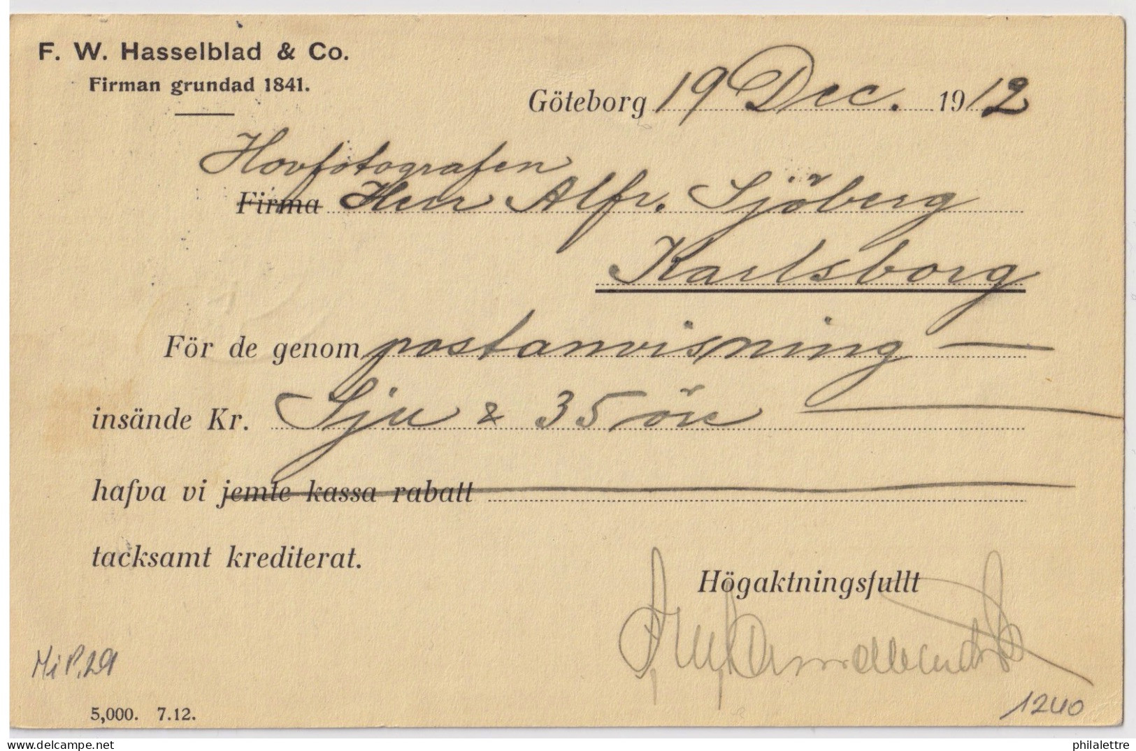 SUÈDE / SWEDEN - 1912 - 5 öre Green Postal Card Mi.P29a (date 212) Used GOTEBORG (LBR * 2 *) To KARLSBORG - VF Used - Ganzsachen