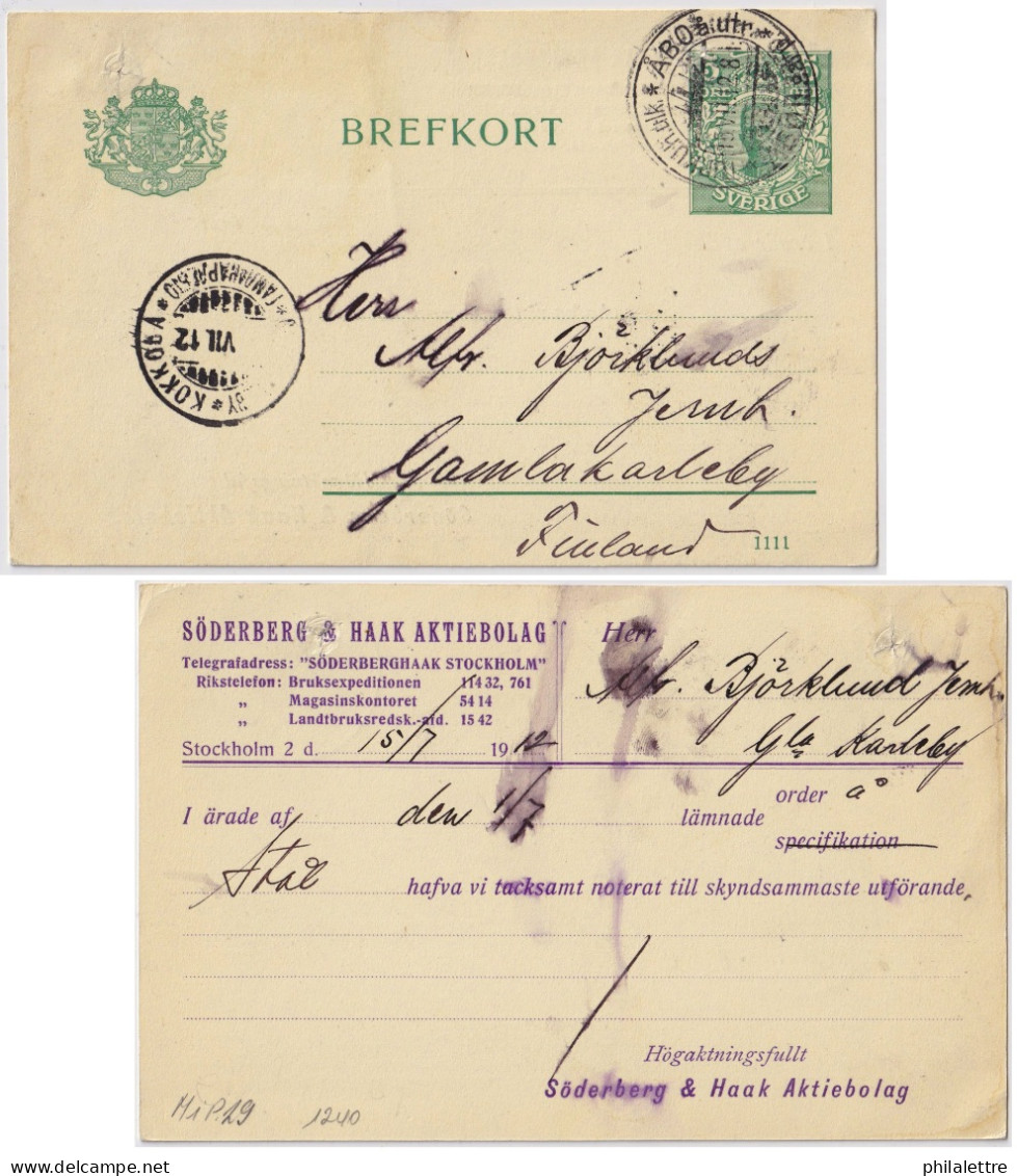 SUÈDE / SWEDEN - 1912 - 5 öre Green Postal Card Mi.P32a (date 1111) Cancelled ÅBO (Finland) - Entiers Postaux