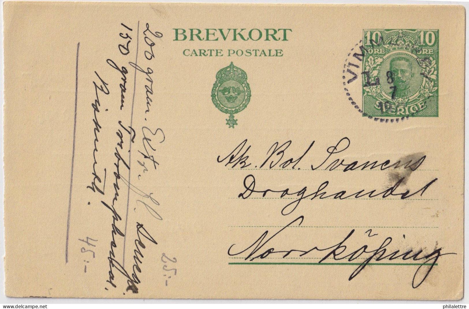 SUÈDE / SWEDEN - 1921 - 10 öre Green Postal Card Mi.P39 Used From VIMMERBY To NORKÖPING - Postal Stationery