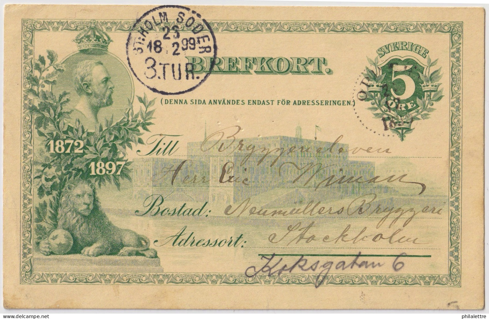 SUÈDE / SWEDEN - 1897 - 5 öre Green Jubilee Postal Card Mi.P28 Used OPPEBY To Stoskholm - Postal Stationery