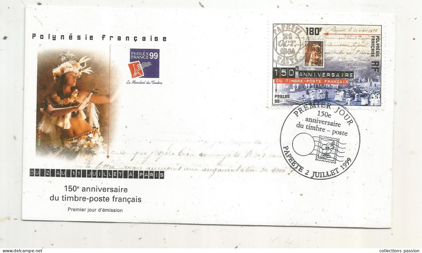 FDC, Premier Jour, POLYNESIE FRANCAISE,Tahiti, PAPEETE, 150 E Anniversaire Du Timbre Poste Français,1999 - FDC