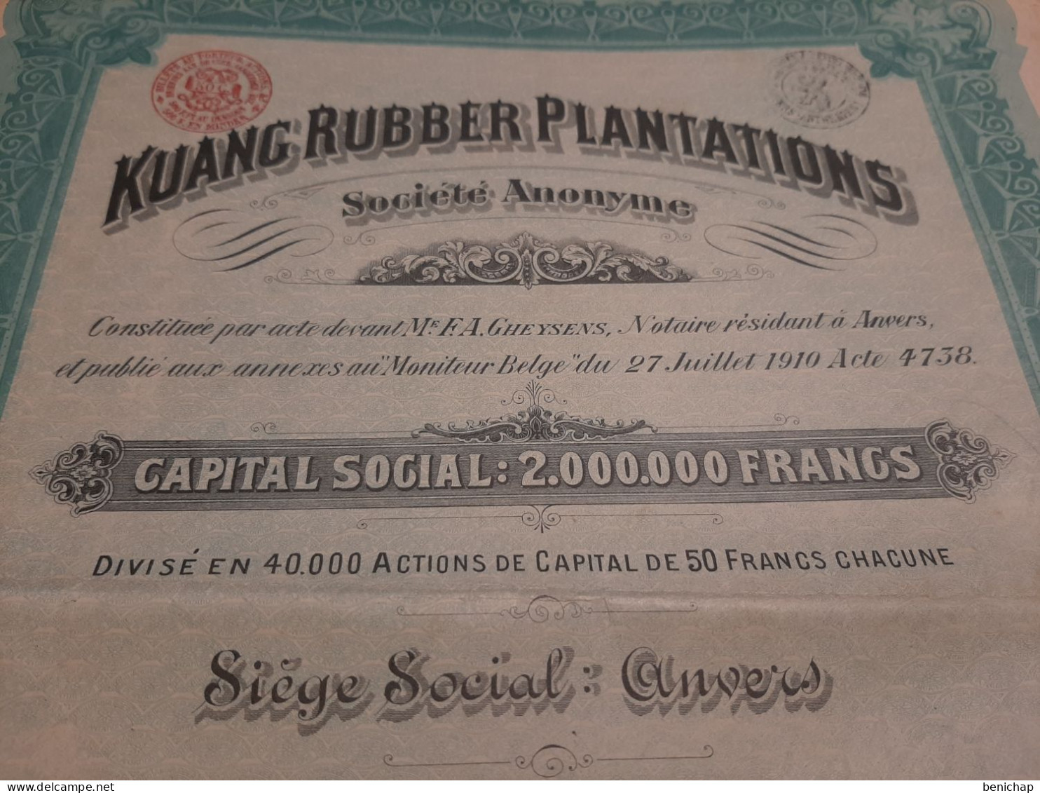 Malaisie - Kuang Rubber Plantations S.A. - Action De Capital De 50 Frs Au Porteur - Anvers  27 Juillet 1910. - Industrie