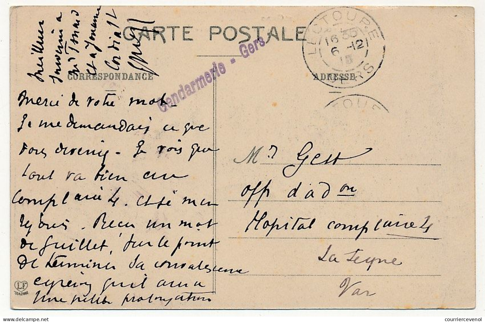 CPA De LECTOURE (Gers) Cad Du 6/2/1915 + Griffe Lin "Gendarmerie - Gers" - WW I