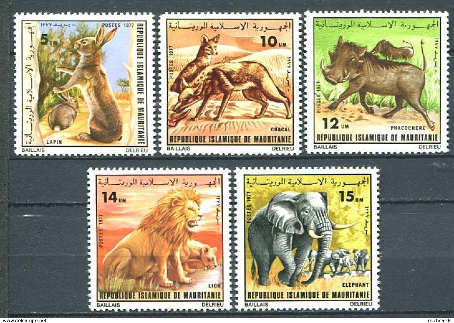 261 MAURITANIE 1977 - Yvert 358/62 - Lapin Lion Elephant Phacochere Chacal - Neuf ** (MNH) Sans Charniere - Mauritanie (1960-...)