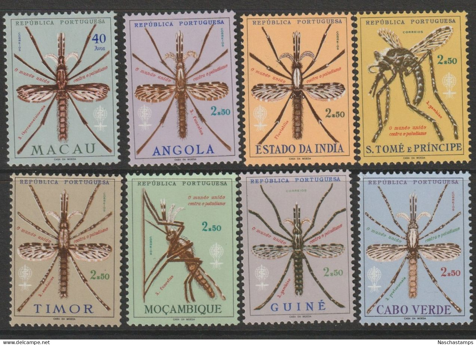 Portugal Portuguese India 1962 Insects Malaria W.H.O. Angola, Macau, India, Cabo Verde, Timor, Guine  Mozanbique 8V MNH - Altri & Non Classificati